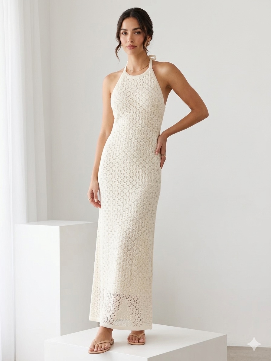 Boston Proper Halter Knit Maxi Dress In Cream Boho Beach Coastal Grandma